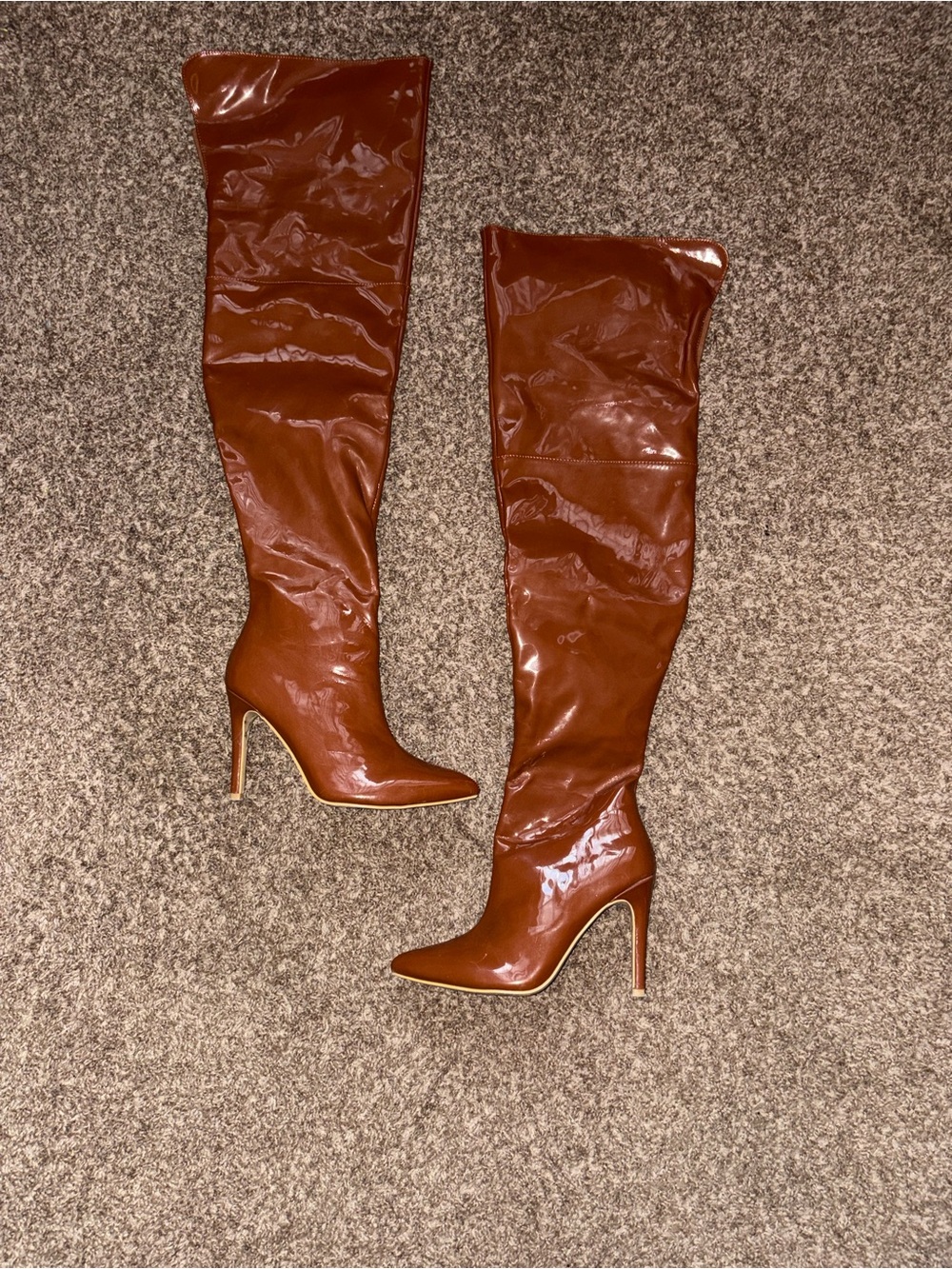 Fashion Nova Women's Over-the-Knee Pointed Toe Stiletto Boots in Chestnut Brown
